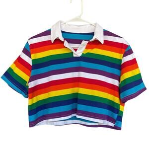 Rainbow Striped Polo Shirt Womens Large Crop Top Short Sleeve Colorful Pride Kid